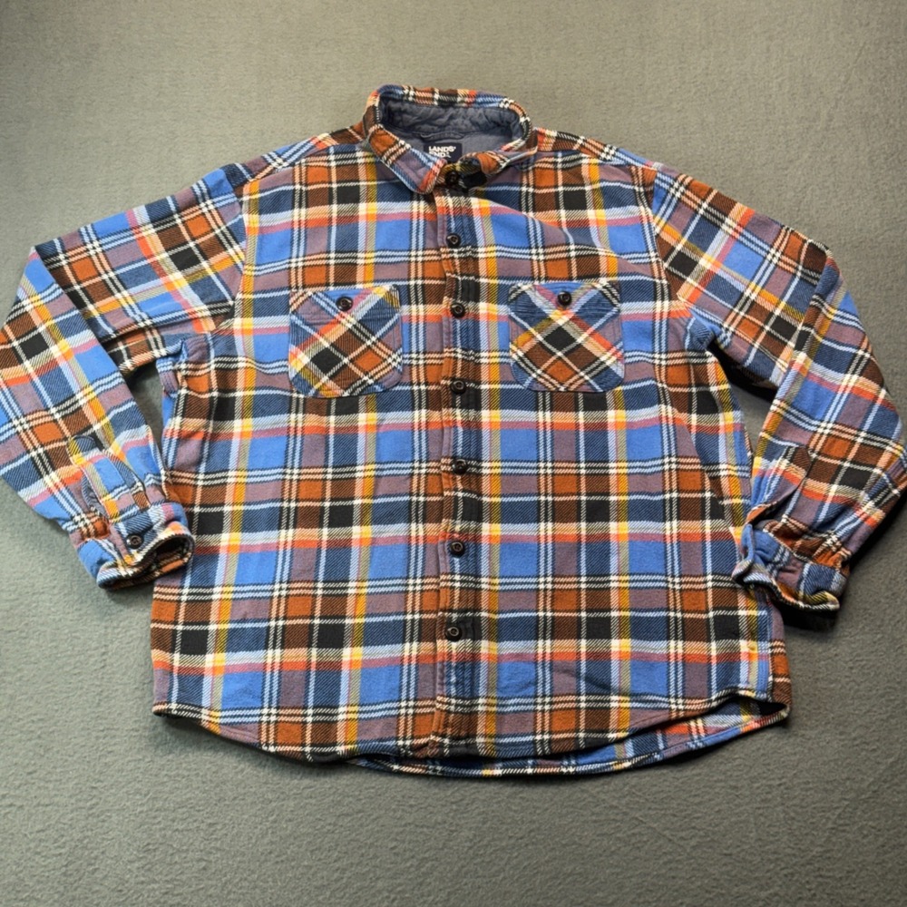 Lands End Flannel Shirt Mens Large Blue Orange Plaid Traditional Fit Cotton L
